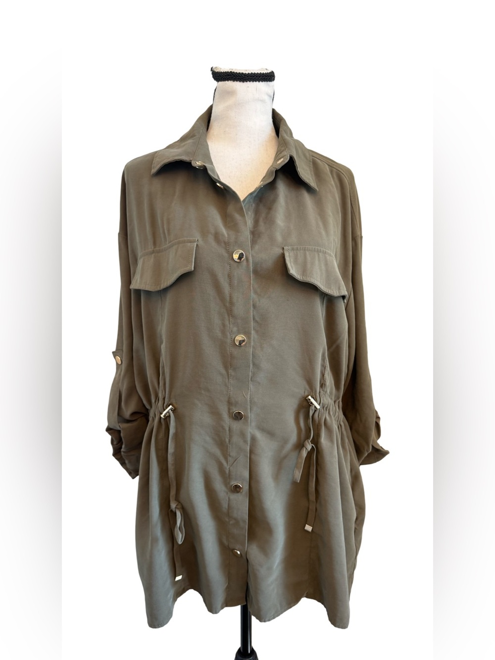 Zara Olive Green Utility Jacket Shirt Drawstring Waist Cargo Style Pockets M